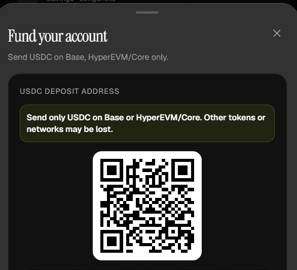 The Fund your account sheet showing a USDC deposit address QR code and a reminder to send only USDC on Base or HyperEVM/Core.