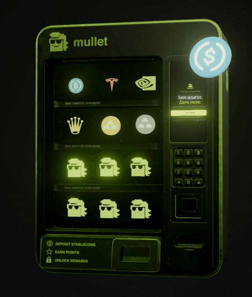 The Mullet Machine — a stylized neon vending machine labeled 'Your automated rewards engine always working for you.'