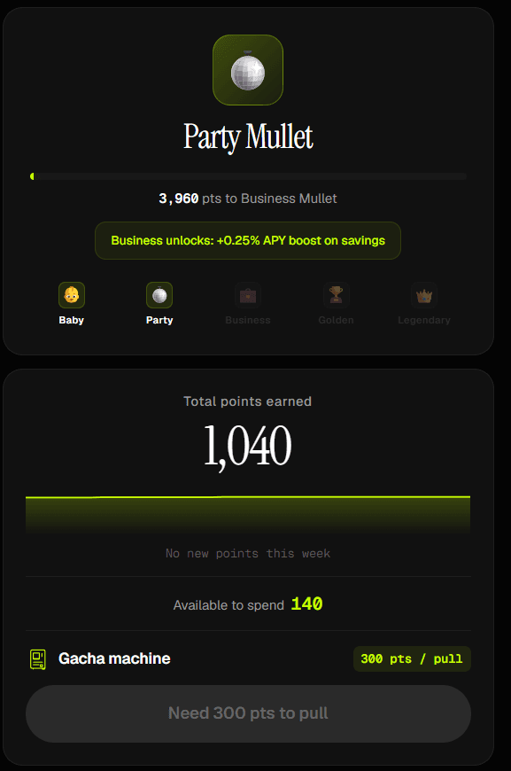 The Rewards screen showing Party Mullet status with progress toward Business Mullet, total points earned, points available to spend, and the gacha machine at 300 points per pull.